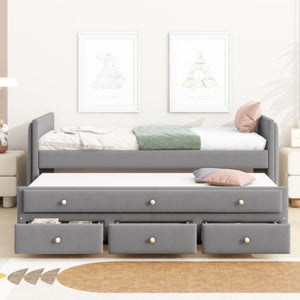 English Elm Twin Upholstered Daybed with Pull-Out Trundle and 3 Drawers, Velvet Finish, Solid Frame, Slat Kit Included Gray SF000147AAE