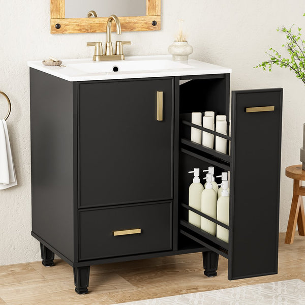 English Elm Christopher Knight Home® - 24" Bathroom Vanity with Ceramic Sink, Solid Wood Frame, Soft-Close Drawers & Ample Storage Appeal Black N759P269734B