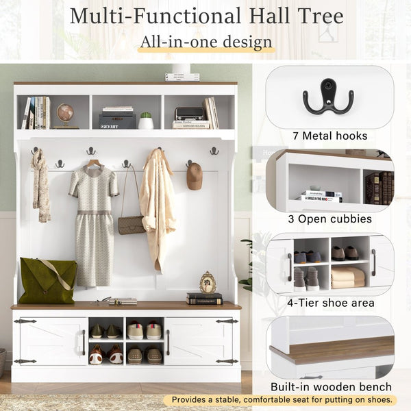 English Elm Vibe Haus Farmhouse Hall Tree with Bench Shoe Storage Hooks and Open Cubbies N724P380402K