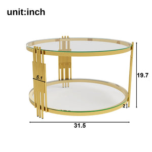 English Elm Living Room 3 Piece Glass Table Set with Sculptural Gold Metal Bases and Lower Shelves Transparent N735P380100K