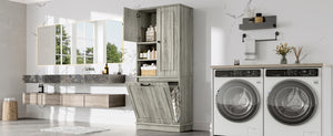 English Elm Tall Storage Cabinet with Flip-Out Basket, Adjustable Shelves & Aluminum Handles for Organized Living Oak N725P322739L