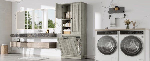 English Elm Tall Storage Cabinet with Flip-Out Basket, Adjustable Shelves & Aluminum Handles for Organized Living Oak N725P322739L
