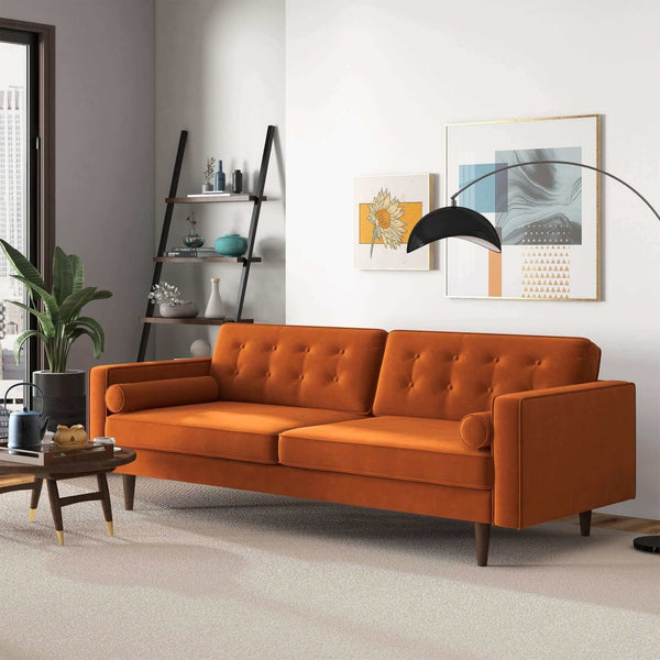English Elm Mid Century Modern Velvet Sofa with Tapered Wood Legs for Living Room or Loft B183S00200