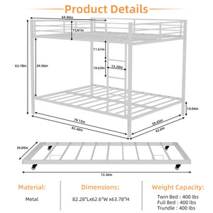 English Elm Durable Iron Bunk Bed With Trundle And Safety Rails, Modern Design For Kids & Guests, Easy Assembly W1935P360863