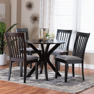 Baxton Studio Baxton Studio Lore Modern 5-Piece Dining Set with Grey Fabric Chairs and Round Dark Brown Table Lore-Grey/Dark Brown-5PC Dining Set