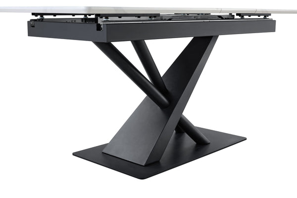 English Elm Modern Extendable Dining Table with Walnut MDF Veneer Top, Dual V-Shaped Metal Base, Sleek Durable Design White Marble W3493S00006