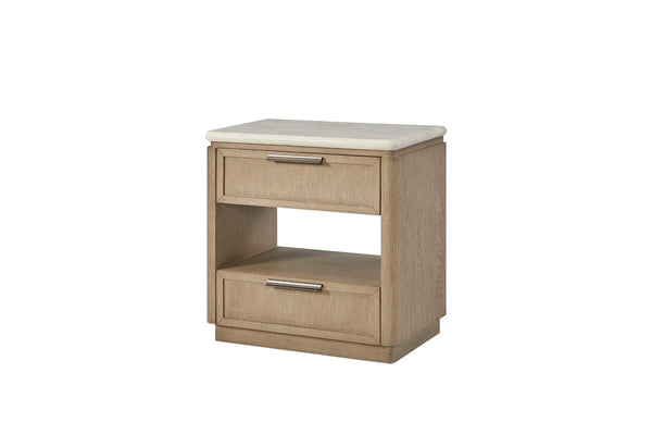 English Elm Two Drawer Oak Veneer Nightstand with Stone Top Usb Charging and Soft Close Glides B2699P323472