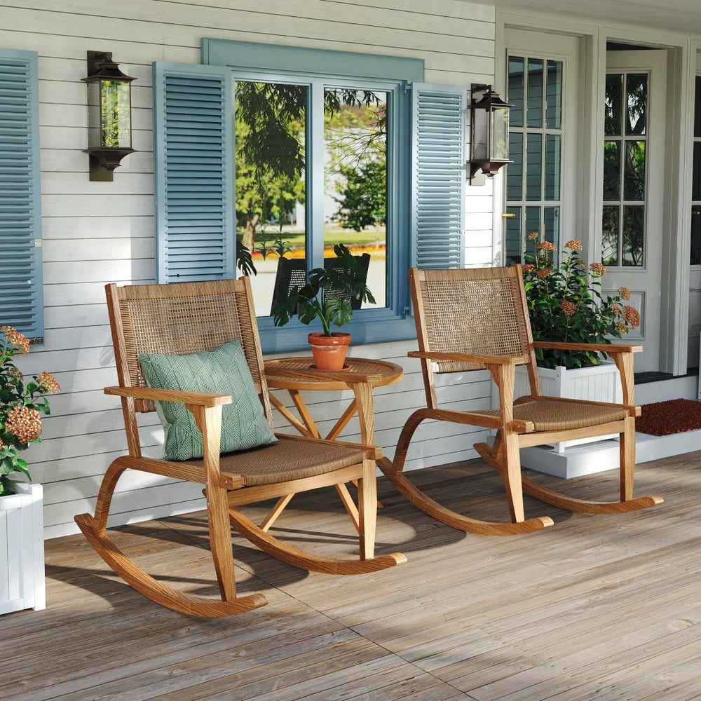 English Elm Go Acacia Wood Outdoor Rocking Chair Set Two Pe Wicker Seats for Patio Porch Natural N704P245214A