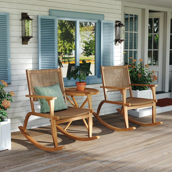 English Elm Go Acacia Wood Outdoor Rocking Chair Set Two Pe Wicker Seats for Patio Porch Natural N704P245214A