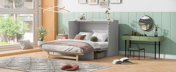 English Elm Queen Murphy Wall Bed with Rattan Panel Cabinet and Storage Drawers for Studio Rooms White LP000676AAK