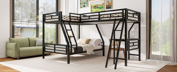 English Elm Twin Triple Bunk Bed with Loft, Desk & Shelf — Metal Black L-Shaped Sleep/Study Space, No Box SpringNeeded SM000606AAB