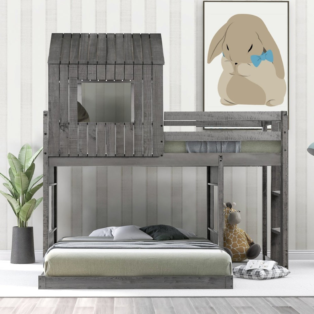 English Elm Wooden Twin Over Full Bunk Bed Farmhouse Playhouse Design with Ladder Guardrails LT000327AAE-1