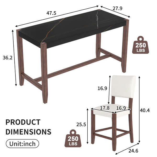 English Elm 5-Piece Counter Height Dining Set with Faux Marble Top and Upholstered Seats, Mid-Century Pub Charm Black+Beige N752S000086D