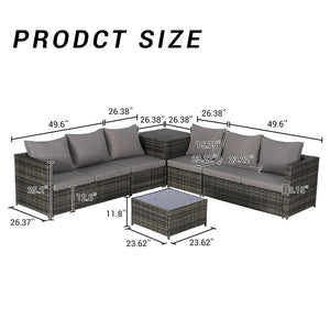 English Elm 6 6-Piece Wicker Patio Sectional Set with Tempered Glass Coffee Table, Weather-Resistant Rattan Sofa Dark Gray W874S00029
