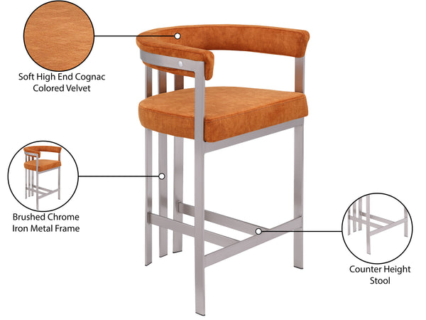 Marcello Cognac Velvet Counter Stool 939Cognac-C Meridian Furniture