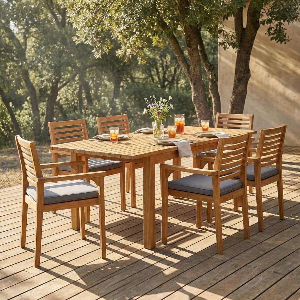 English Elm 7 Piece Solid Acacia Outdoor Dining Set Extendable Table Six Cushioned Chairs N762S000039AAA