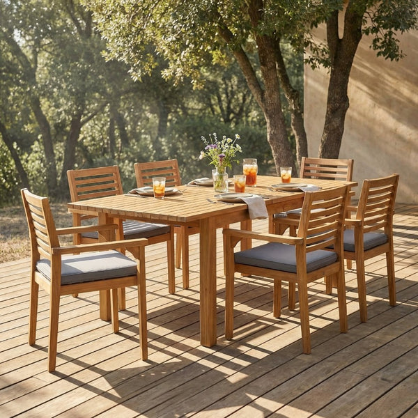 English Elm 7 Piece Solid Acacia Outdoor Dining Set Extendable Table Six Cushioned Chairs N762S000039AAA