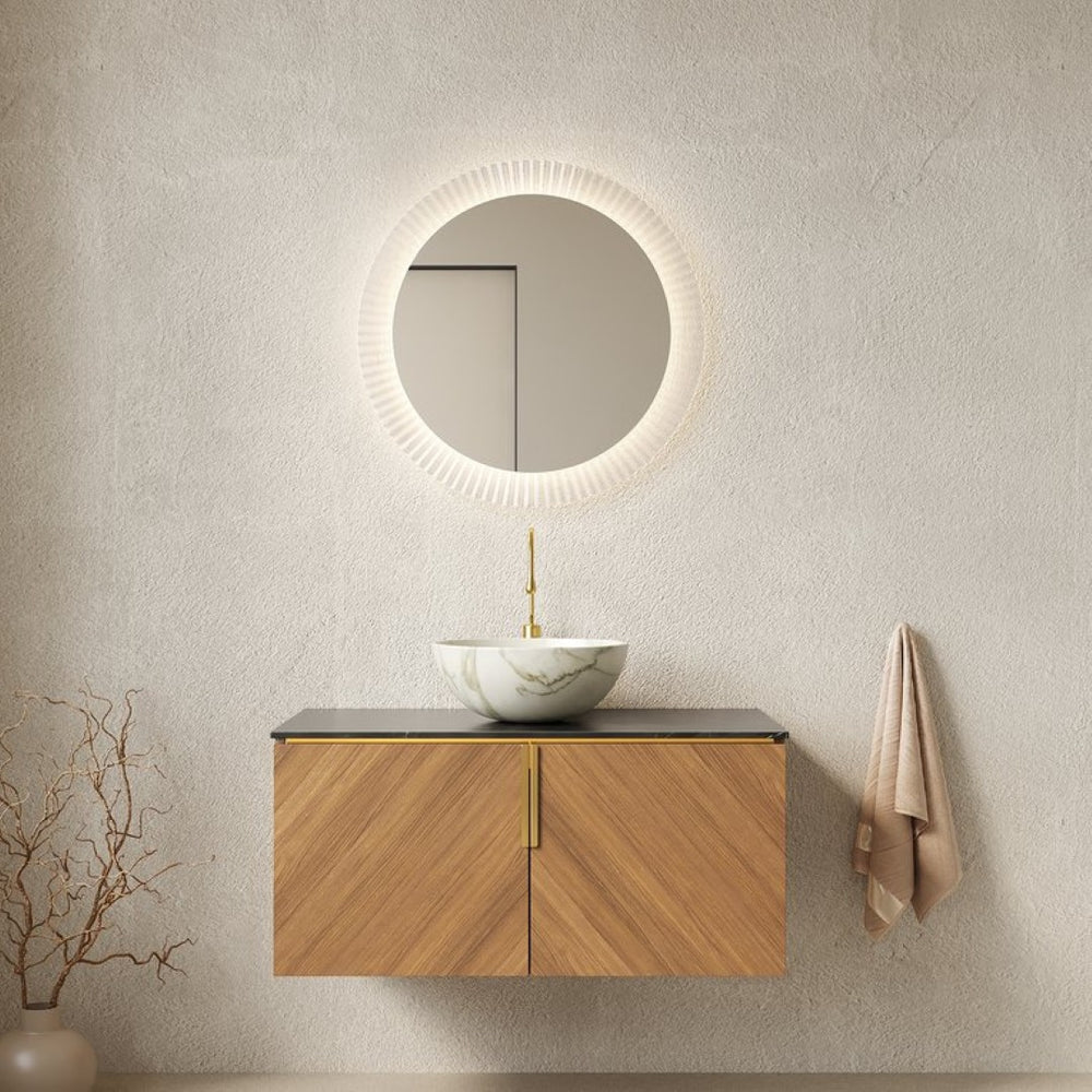 English Elm Dina Floating Bathroom Vanity Sintered Stone Top Glass Basin Striped Plywood Cabinet W2615S00546
