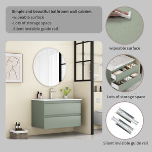 English Elm 32-Inch Wall-Mounted Bathroom Vanity With Integrated Ceramic Sink, Soft-Close Drawers & Modern Green Finish W3151S00044