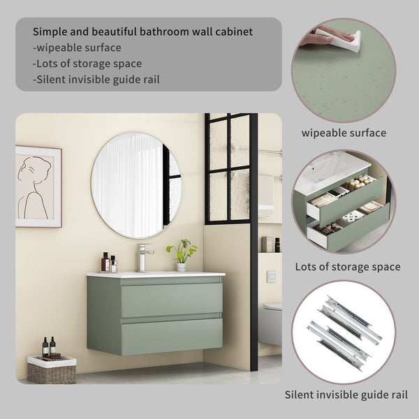 English Elm 32-Inch Wall-Mounted Bathroom Vanity With Integrated Ceramic Sink, Soft-Close Drawers & Modern Green Finish W3151S00044