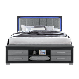 English Elm EMILIA Queen Bed with Bookcase Headboard, LED Lighting, Drawer Footboard & Side Rail Storage, Black/Grey B201S00373