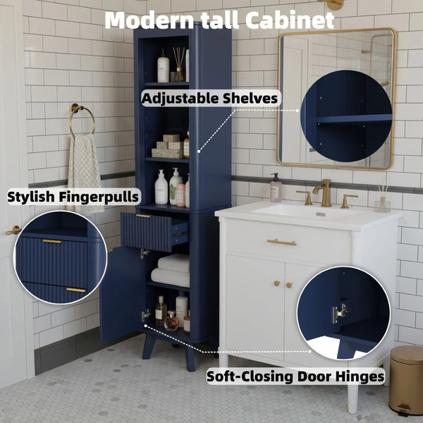 English Elm 68" Tall Fluted Freestanding Storage Cabinet with Drawer and Adjustable Shelf for Bathroom Blue N817P375218B