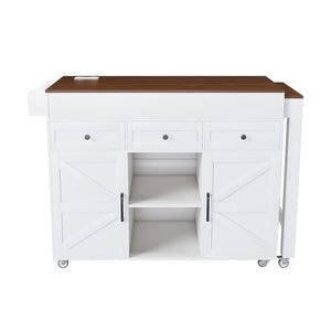 English Elm 74.8" Rolling Kitchen Island Extendable Marble Veneer Top with Power Outlet and Storage W2700S00105