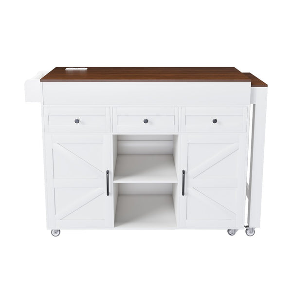 English Elm 74.8" Rolling Kitchen Island Extendable Marble Veneer Top with Power Outlet and Storage W2700S00105