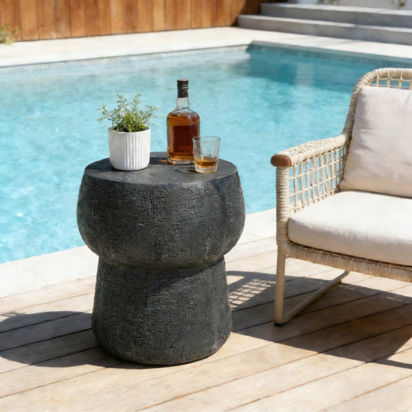 English Elm U_style Outdoor Concrete Accent Table Sculptural Double Barrel Mgo Weathered Patio Stool Black N711P422075B