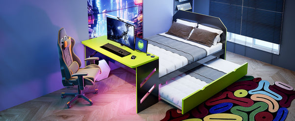 English Elm Full Size Wood Daybed with Twin Trundle Desk and Usb Charging for Teen Rooms Green LT000262AAG