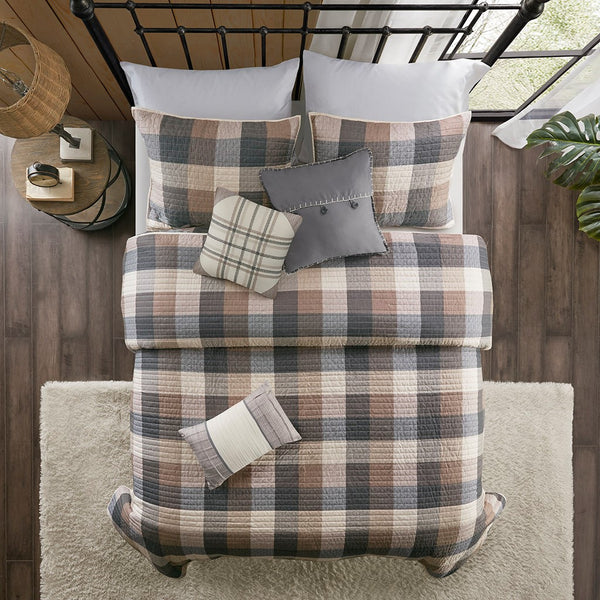 English Elm 6 Piece Reversible Herringbone Quilt Set With Cozy Buffalo Plaid & Embroidered Pillows - Full/Queen B03597577
