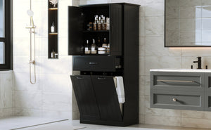 English Elm Christopher Knight Home® - Bathroom Storage Cabinet with Doors Drawer & Dual Laundry Baskets, MDF Build, Adjustable Shelf, Anti-Tip Device Black N759P243350B