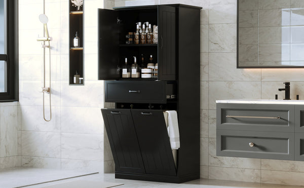 English Elm Christopher Knight Home® - Bathroom Storage Cabinet with Doors Drawer & Dual Laundry Baskets, MDF Build, Adjustable Shelf, Anti-Tip Device Black N759P243350B