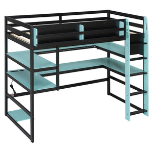 English Elm Twin Loft Bed with Rgb Lighting Usb Ports Wraparound Shelves and Gaming Desk Blue LT000298AAC