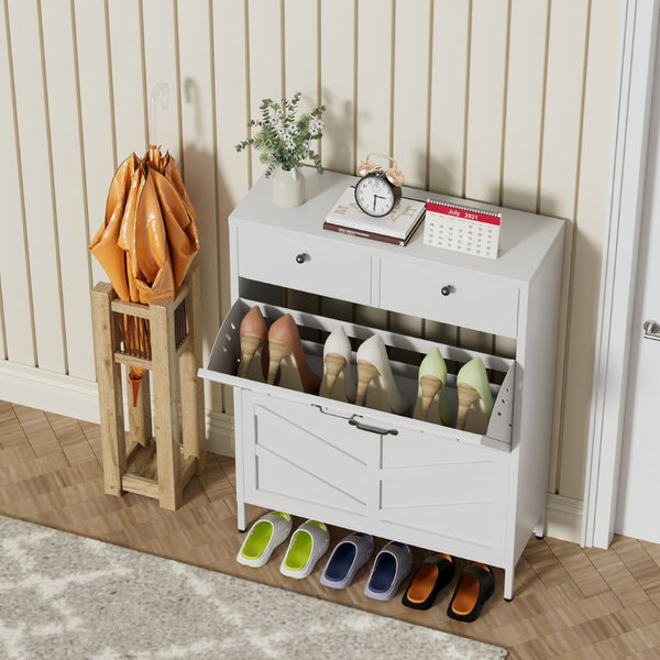 English Elm Shoe Cabinet Slim Steel Entryway Organizer with Flip Compartments and Retro White Finish T2398P413025