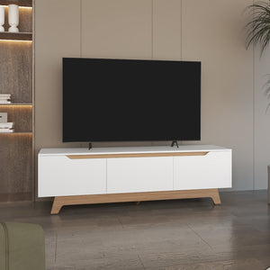 English Elm TV Stand Modern White & Natural Oak, 2 Doors 1 Drawer, Compact FSC-Certified Media Storage Unit B097P369436