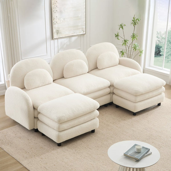 English Elm Teddy Fleece Modular Cloud Sofa Plush Three Seat Sectional with Movable Ottomans Beige White W5656S00084
