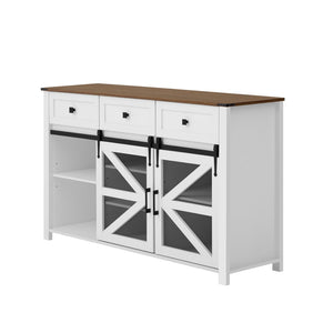 English Elm U_style Industrial Sideboard with Sliding Barn Doors Iron Mesh Panels and Three Drawers White N711P347384K