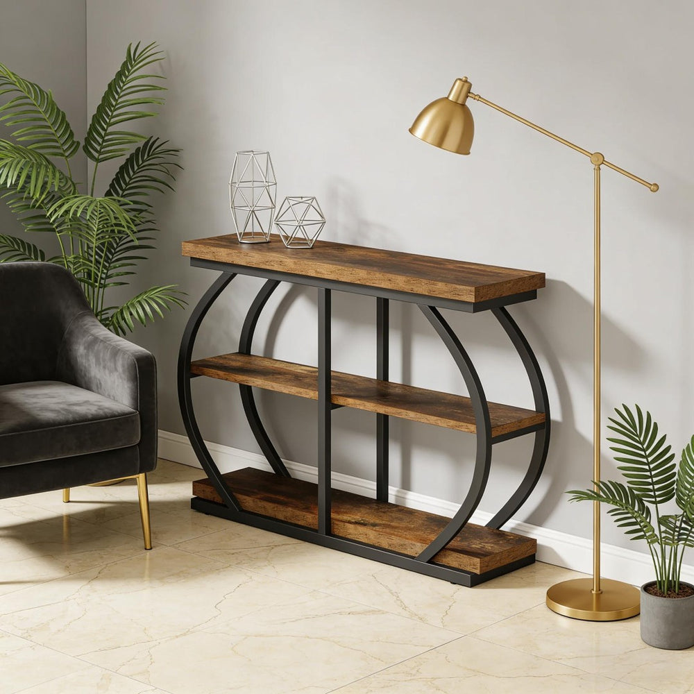 English Elm Entryway Console Table Two Tier Open Shelf Farmhouse Sofa Vintage Brown Finish T3971P460499
