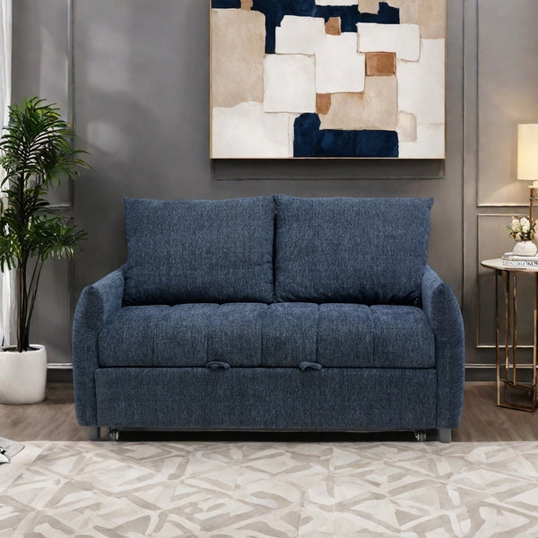 English Elm 57.48" Navy Line Velvet Sofa Bed with Adjustable 3‑Angle Backrest, Memory Foam Chaise, Modern Loveseat Sleeper (Navy) W1183S00023