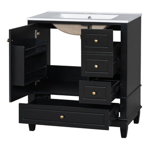 English Elm Christopher Knight Home® - 30" Freestanding Bathroom Vanity with Ceramic Sink, Soft-Close Door, Gold Knobs & 3 Drawers, Durable Painted Finish Black N759P225994B