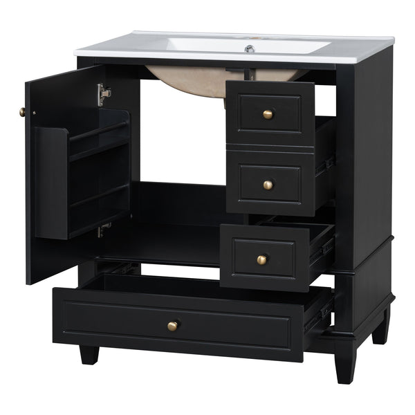 English Elm Christopher Knight Home® - 30" Freestanding Bathroom Vanity with Ceramic Sink, Soft-Close Door, Gold Knobs & 3 Drawers, Durable Painted Finish Black N759P225994B