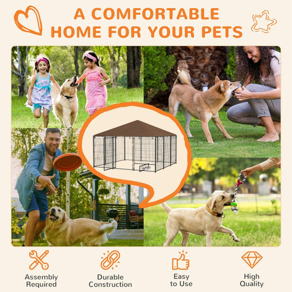 English Elm Pawhut Outdoor Steel Wire Dog Kennel with Canopy Roof and Rotating Feeding Bowl W2225P229078