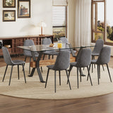 Modern Tempered Glass Dining Table with Black Metal Legs, MDF Crossbars, and 8 Seats