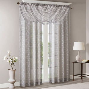 JLA Home Madison Park - Diamond Sheer Valance with Embroidered Diamond Motif, Tassel Trim, Waterfall Drape for Soft Light Grey MP41-4941