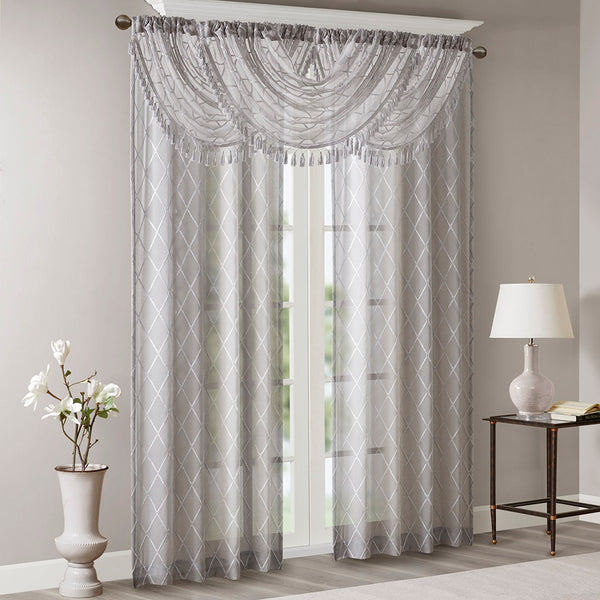 JLA Home Madison Park - Diamond Sheer Valance with Embroidered Diamond Motif, Tassel Trim, Waterfall Drape for Soft Light Grey MP41-4941