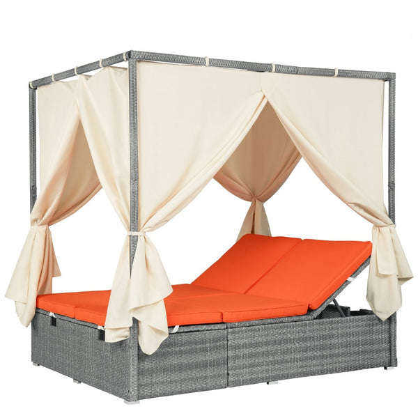 English Elm U_style Outdoor Rattan Steel Chaise Lounge with Shade Canopy and Reclining Cushioned Sunbed Orange WY000471AAO