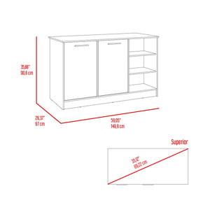 English Elm Ginger Kitchen Island with Three Open Shelves, Two Cabinets, 26" x 59" Prep Top, 33" Clearance B200S00123