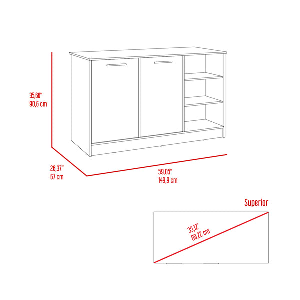English Elm Ginger Kitchen Island with Three Open Shelves, Two Cabinets, 26" x 59" Prep Top, 33" Clearance B200S00123