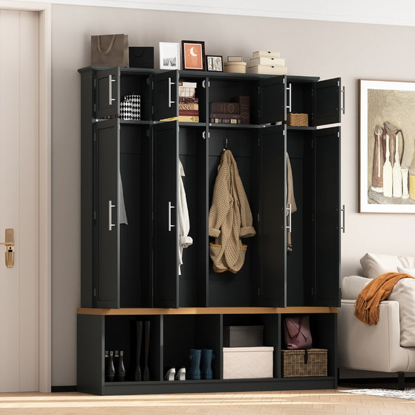 English Elm Wood Entryway Hall Tree with Bench Seating Coat Hooks Shoe Cubbies Cabinet Black W5271S00003